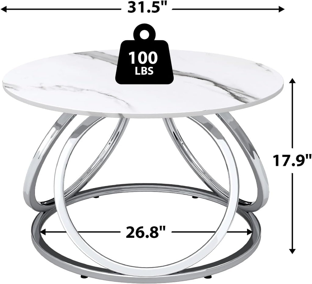 O&K FURNITURE Silver Coffee Table, Round Coffee Table Faux Marble Veins, Modern Center Table with Chrome Finish, for Living Room, Home Office, 1 PC