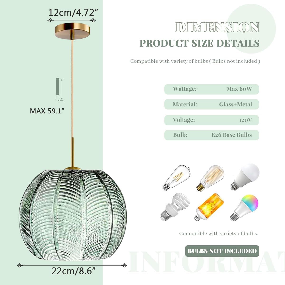 2-Pack Green Ceiling Pendant Light Fixtures for Dining Room Large Gold Globe Kitchen Island Pendant Light Hand-Blown Glass Shade Adjustable Hanging Lights Bedroom Pendant Lights