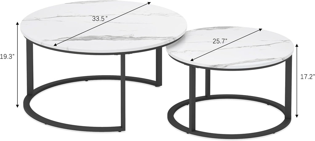 WiberWi Round Coffee Table Nesting Tables Set of 2, Large : Ø 33.5', Small : Ø 25.7', Modern Design Coffee Tables for Living Room, Metal Frame Circle Cocktail Table, High Glossy Faux White Marble