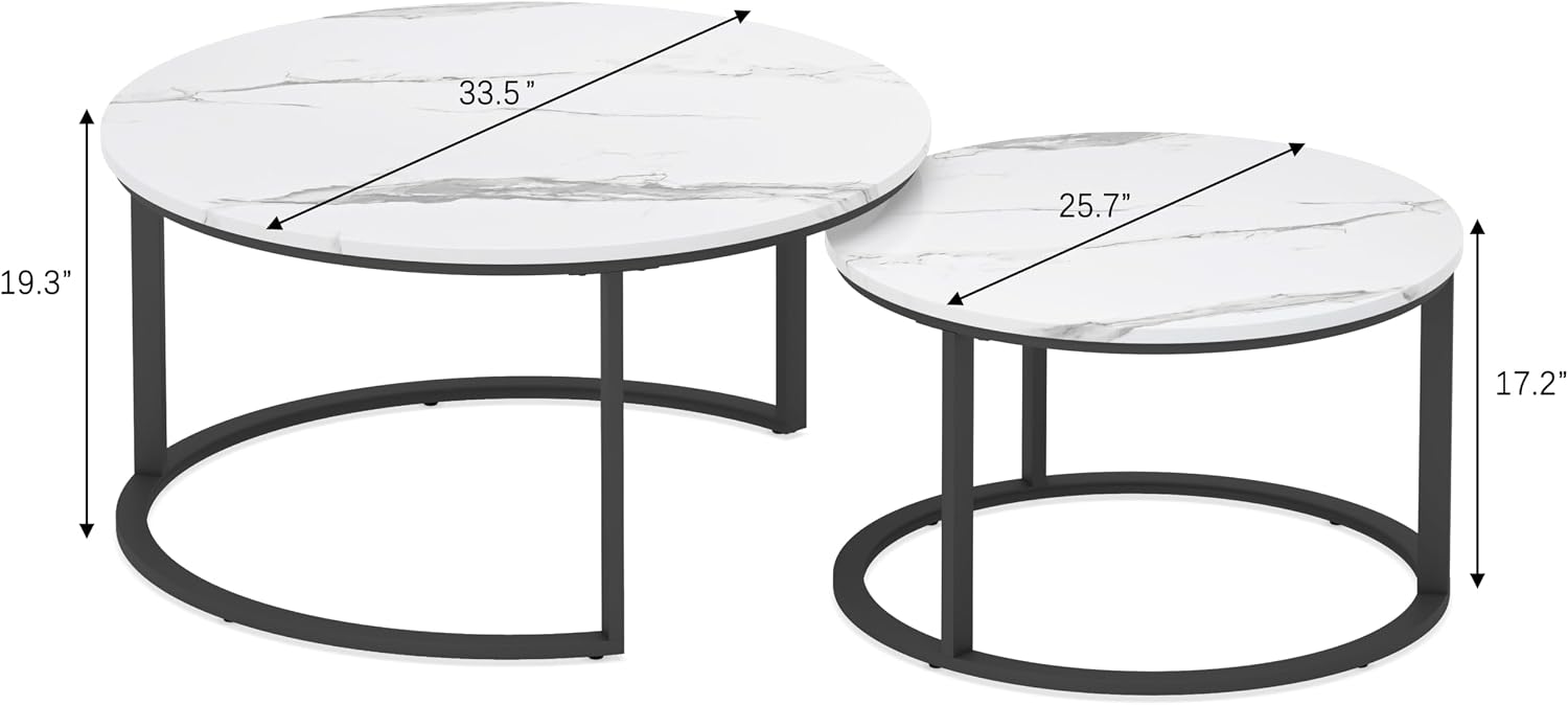 WiberWi Round Coffee Table Nesting Tables Set of 2, Large : Ø 33.5', Small : Ø 25.7', Modern Design Coffee Tables for Living Room, Metal Frame Circle Cocktail Table, High Glossy Faux White Marble