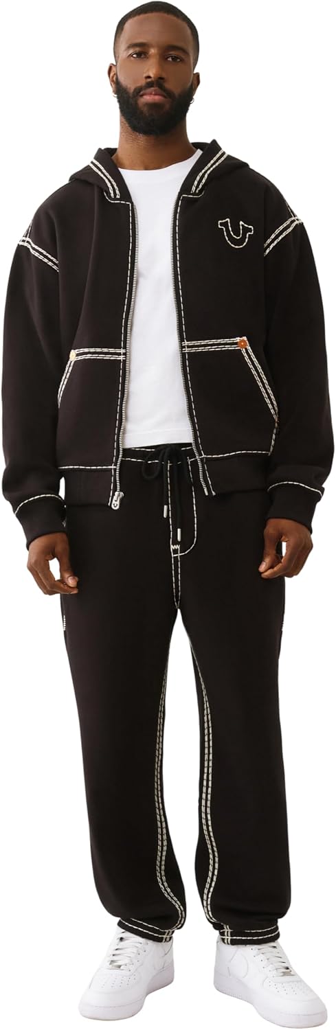 True Religion Super QT Men's Jogger | Relaxed Fit Sweatpants with Fleece Lining, Super T Stitching