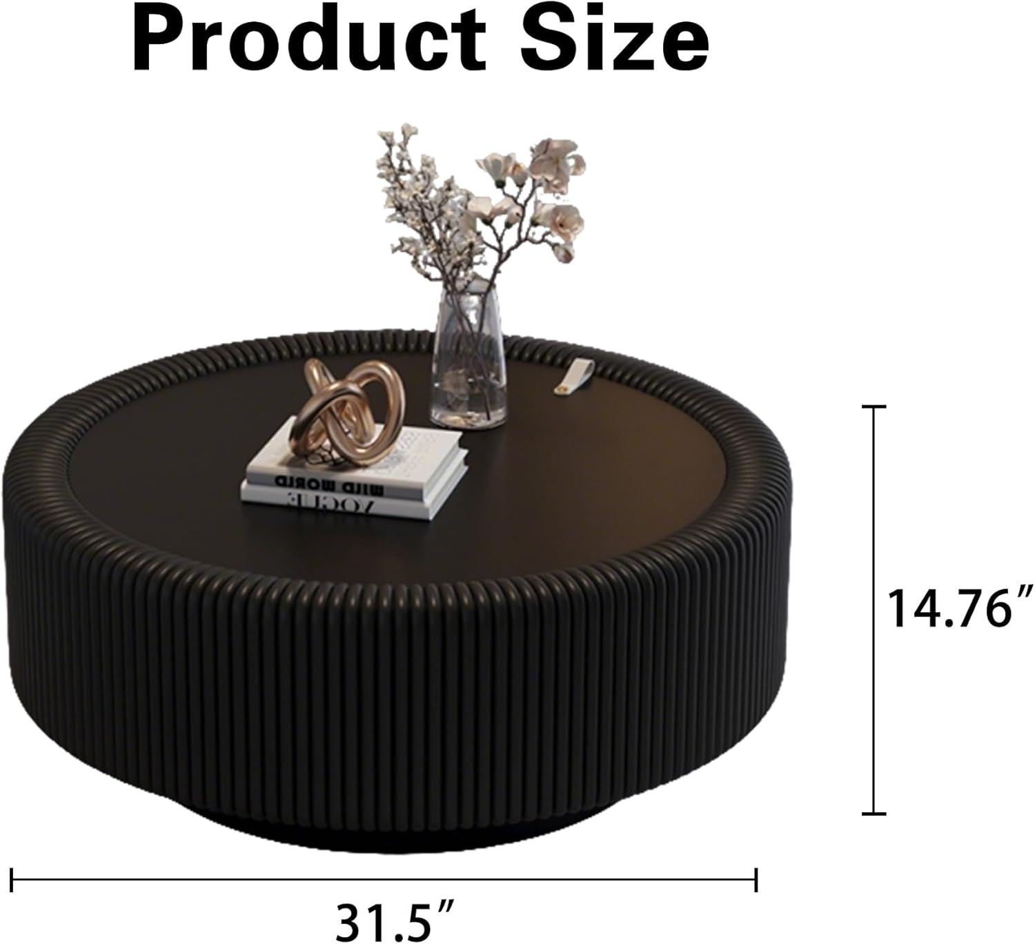 31.5' Black Round Coffee Table with Storage, Tempered Glass Top PU Leather Body & Baked Enamel Base, Modern Minimalist Fluted Circle Center Tables for or Living Room, Bedroom, Apartment