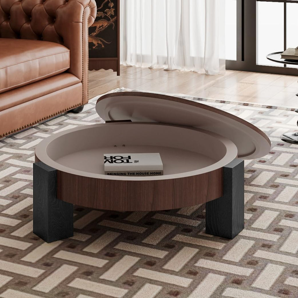 33'' Round Coffee Table with Hidden Storage, Modern Wood Veneer Top, 3 Block Legs Sturdy Center Accent Table for Living Room, Small Space, Walnut & Black