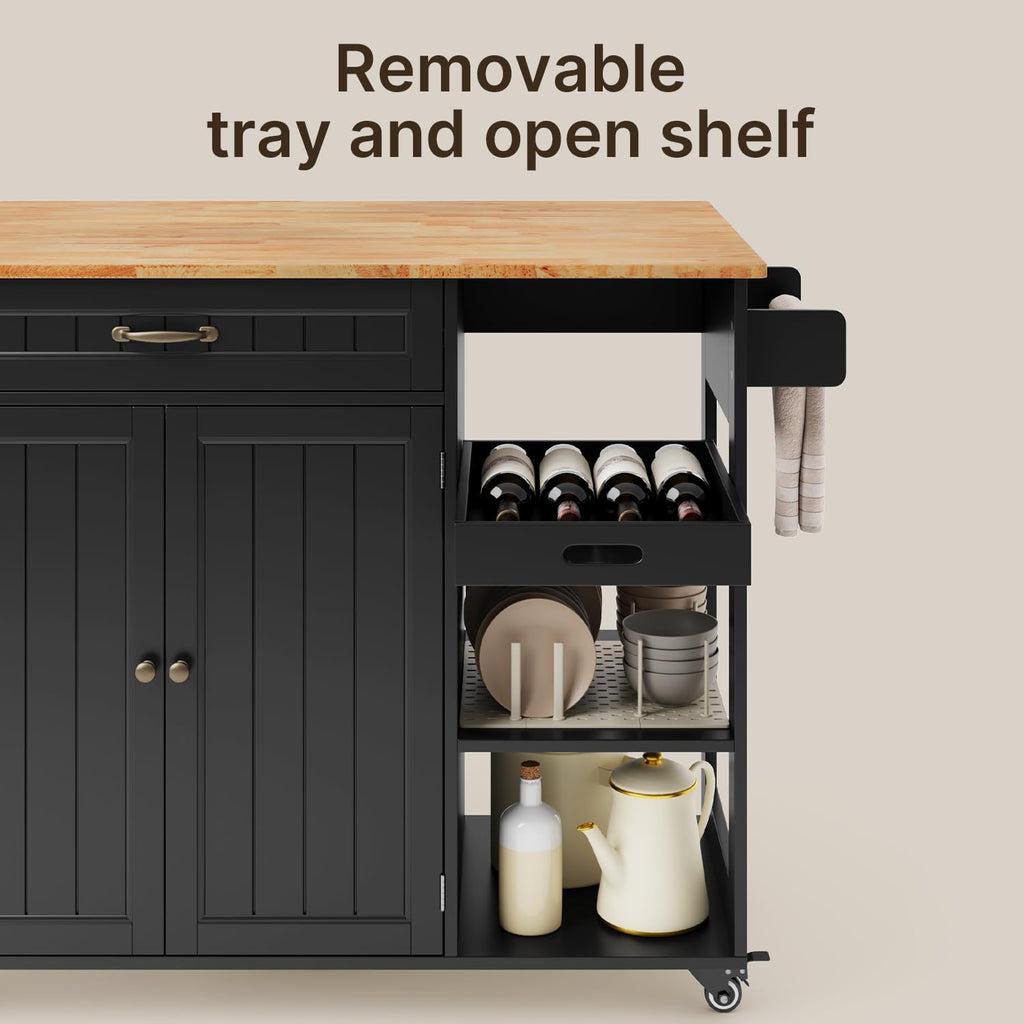 Gizoon Kitchen Island with Storage, Kitchen Island with Drop Leaf, 41.7''W Rolling Dining Cart, Foldable Countertop, 5 Wheels, Refrigerator Door, Adjustable Shelves, Spice/Towel Rack, Black