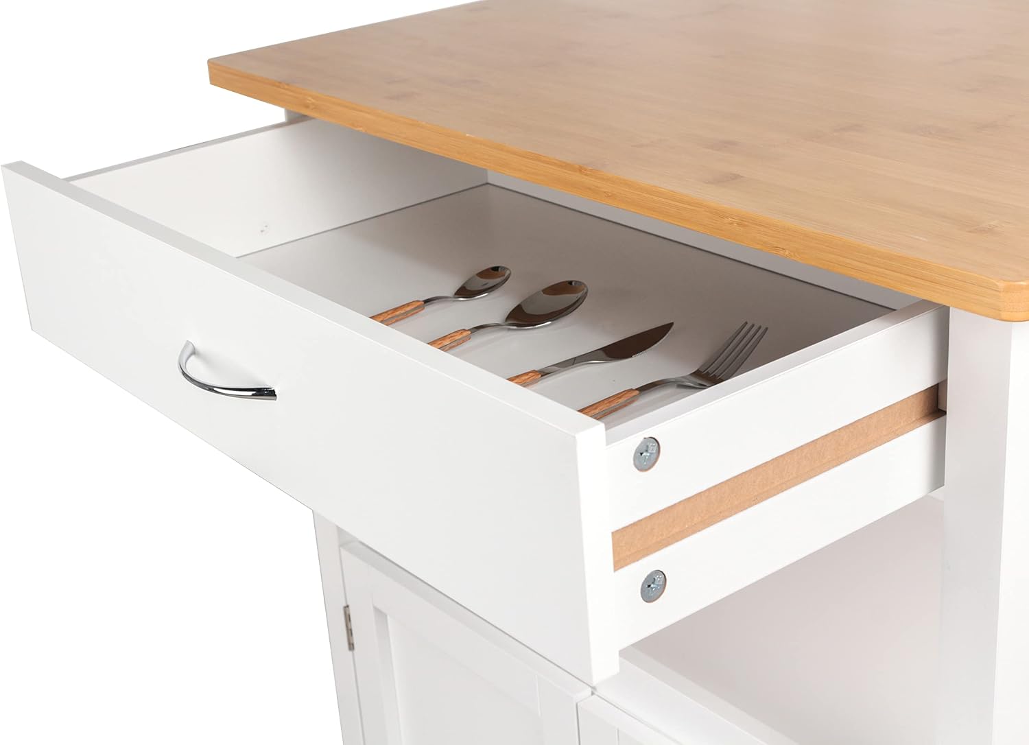 eHemco Kitchen Island Cart on Wheels with Drawer, Storage Cabinet, Shelf and Natural Bamboo Top Butcher Block, White Base | Drawer, Storage Cabinet, Shelf, Butcher Block