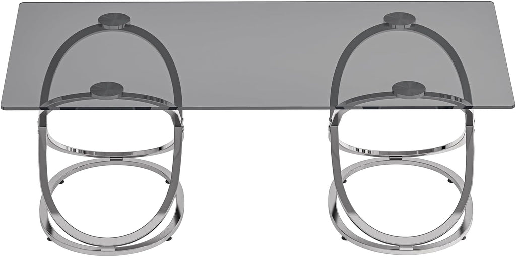 47' Rectangle Coffee Table with Tempered Glass Tabletop, Modern Chrome Ring Base, Gray, Luxury Living Room Center Table