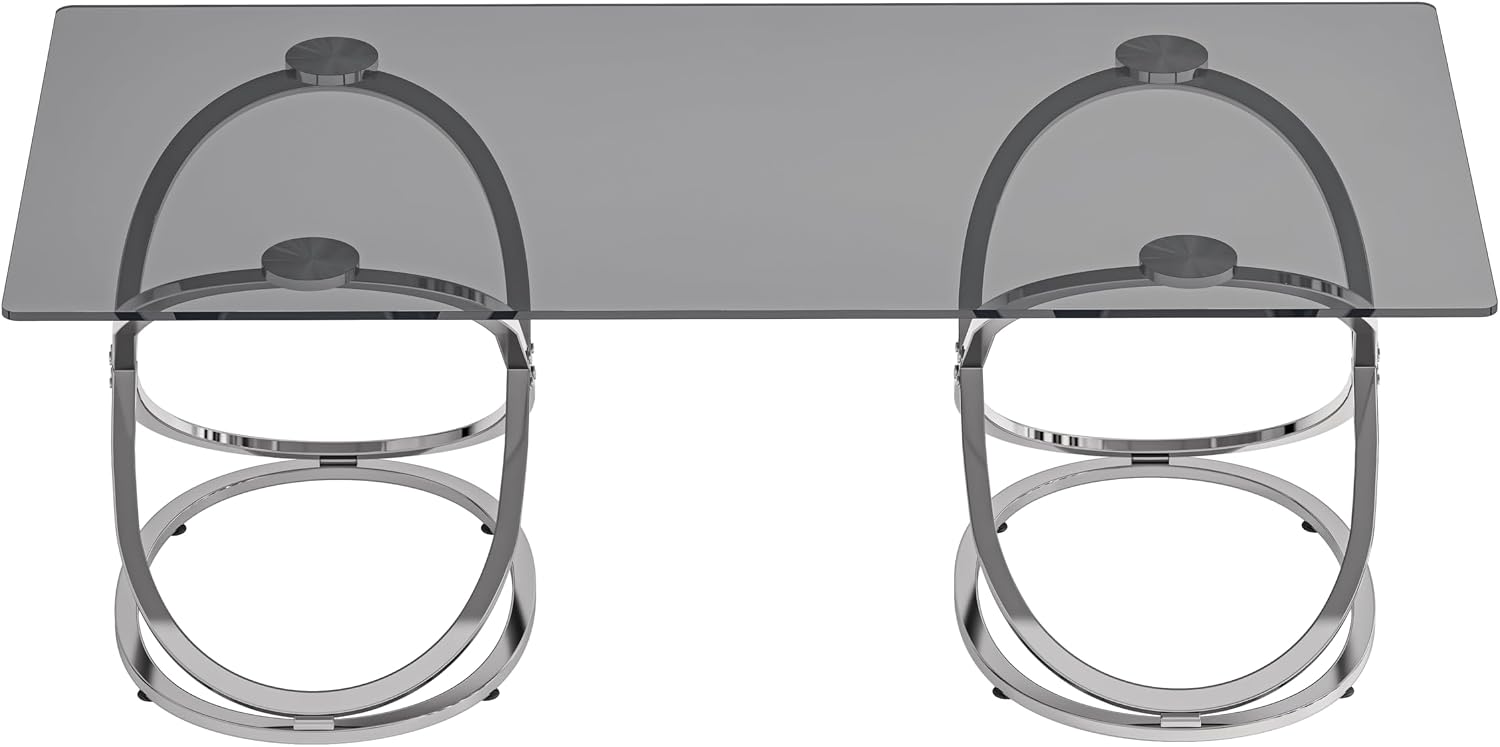 47' Rectangle Coffee Table with Tempered Glass Tabletop, Modern Chrome Ring Base, Gray, Luxury Living Room Center Table