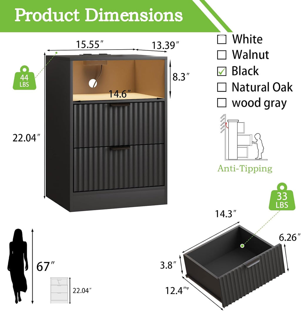 Black Night Stand Set 2, LED Nightstand with Charging Station,Wood Side Table Living Room,Fluted NightStands with 2 Drawers, End & Bedside Tables for Bedroom Sofa Office