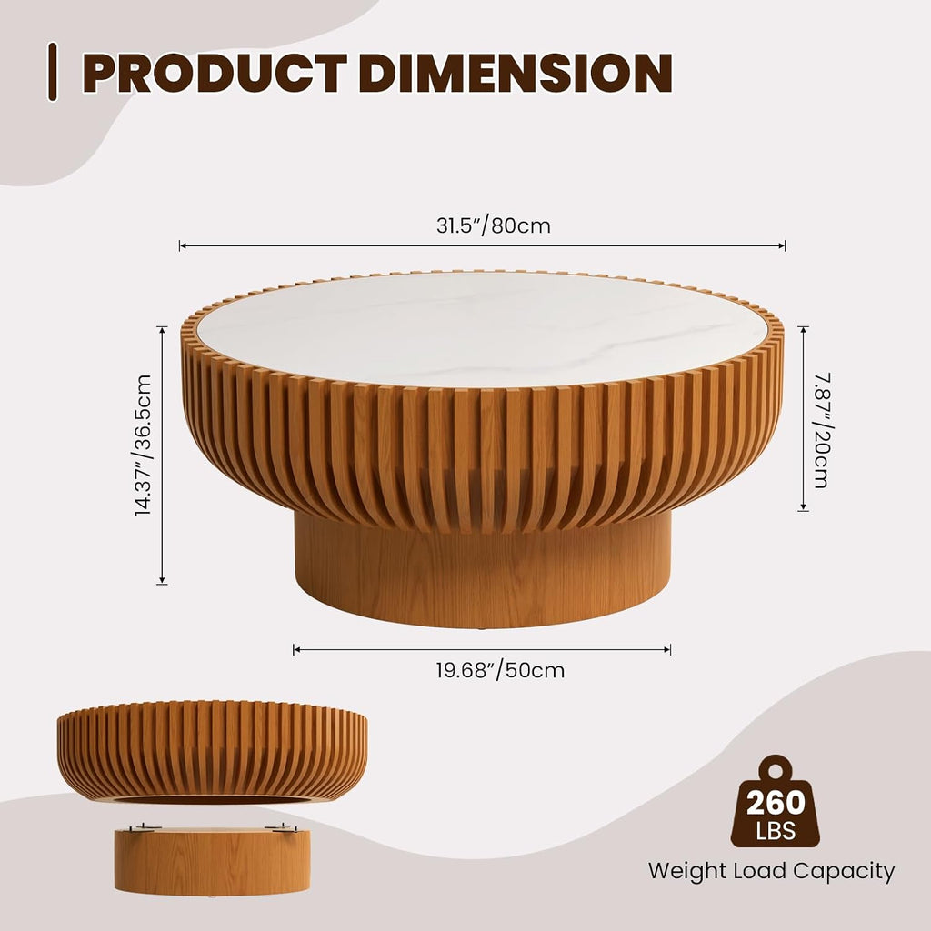 Fluted Round Coffee Table, 31.5' Drum Coffee Table with Sintered Stone Tabletop, Modern Wood Circle Center Table for Living Room Apartment, Easy Assembly (31.5' Sintered Stone Tabletop)