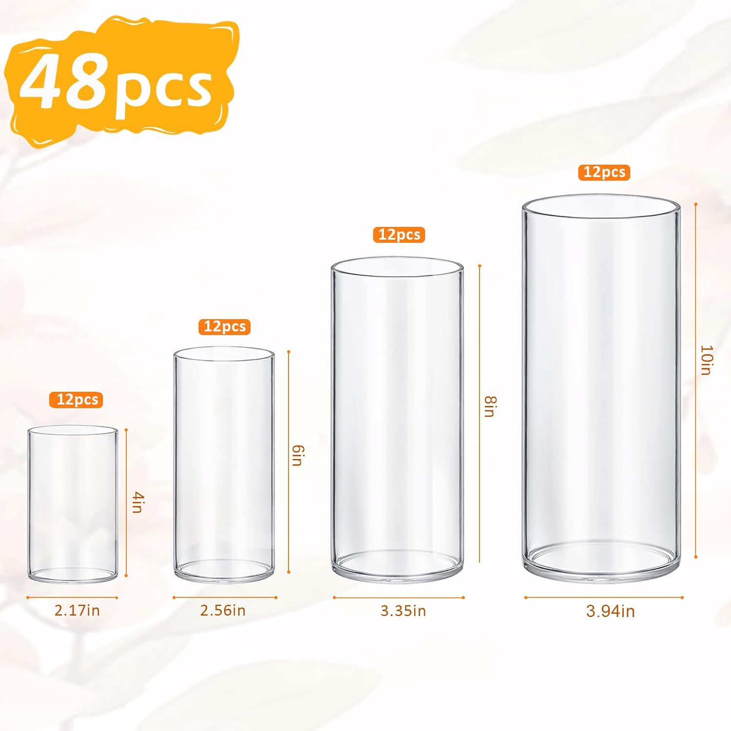 48 Pack Glass Cylinder Vases 4,6,8,10 Inch Tall Clear Flower Vase Hurricane Floating Candle Holder for Table Centerpiece Wedding Home Decor