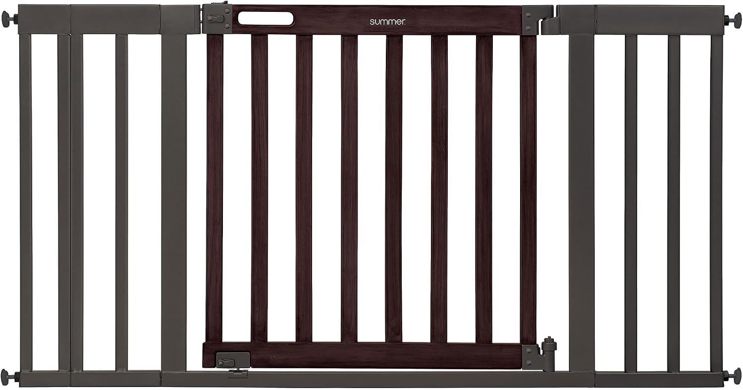 Summer Infant West End Safety Baby Gate, Dark Walnut Stained Wood with Charcoal Metal Frame – 30' Tall, Fits Openings up to 36' to 60' Wide, Baby and Pet Gate for Wide Spaces and Open Floor Plans