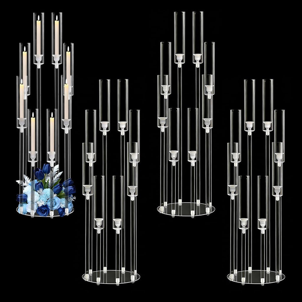 4PCS 8 Arms Clear Candelabra Candle Holder for Wedding Decorations,38.5 inches Tall Arcylic Candlesticks Holder with Shade for Table Dinner Party Valentines Day Fireplace Decoration