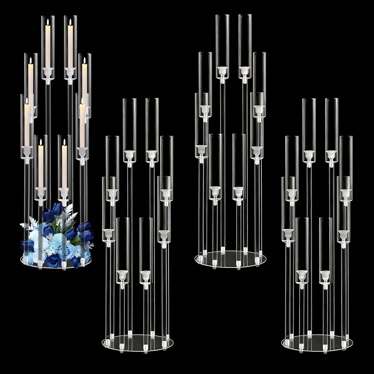 4PCS 8 Arms Clear Candelabra Candle Holder for Wedding Decorations,38.5 inches Tall Arcylic Candlesticks Holder with Shade for Table Dinner Party Valentines Day Fireplace Decoration