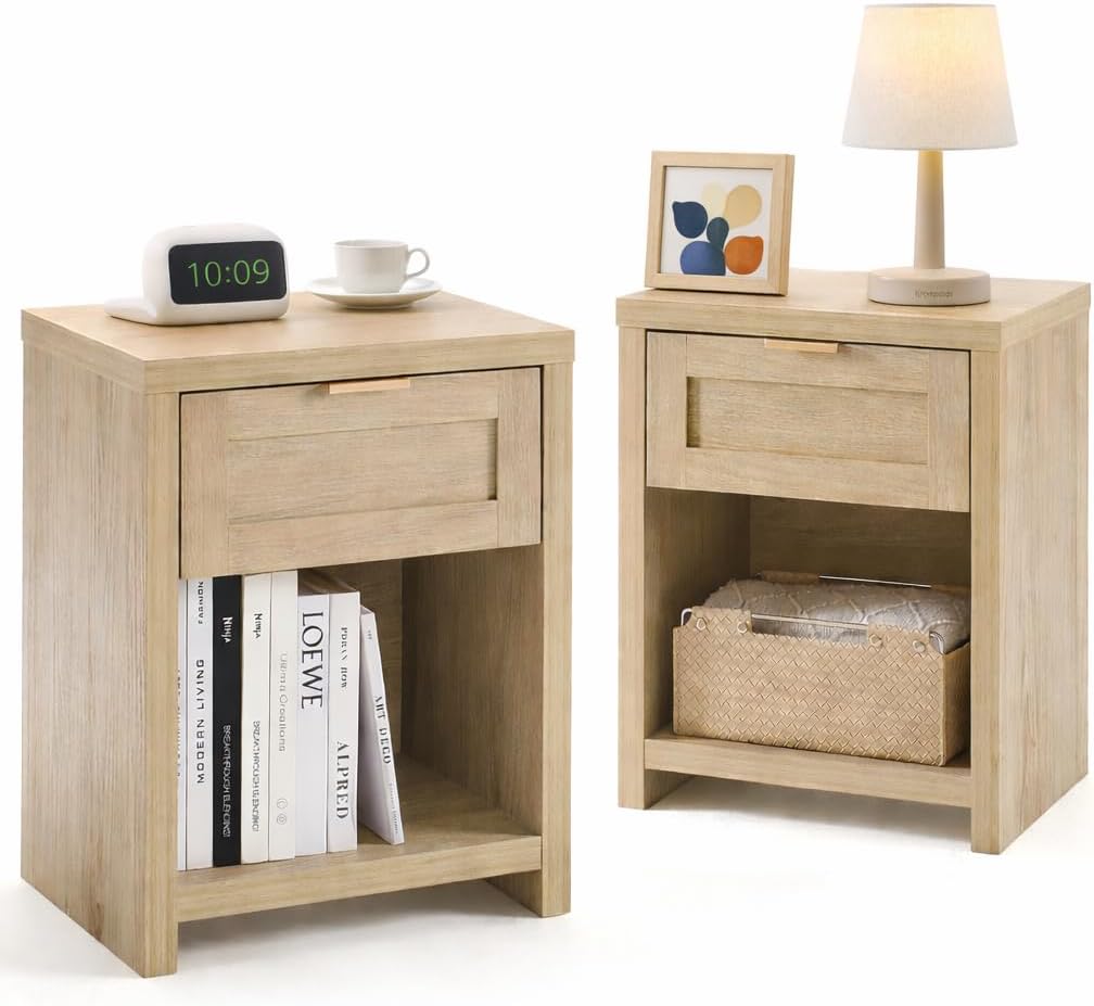 Walsham Natural Nightstand Set of 2 Boho Bedside Tables with Drawer and Storage Shelf Farmhouse Side End Tables for Bedroom Sofa, (Light Weathered Oak, 2 Set)