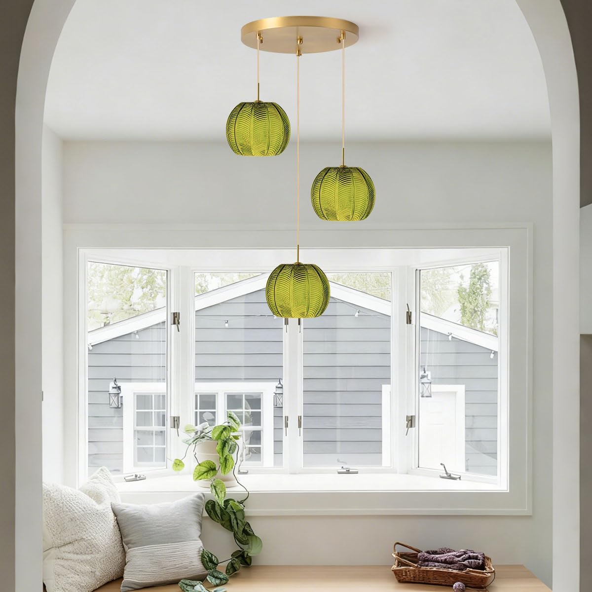 Dark Green Chandelier Cluster 3-Light Glass Globe Hanging Pendant Lights Fixtures Gold Sputnik Ceiling Pendant Lights with Ribbed Glass Ball Shade Mid Century Modern Chandelier