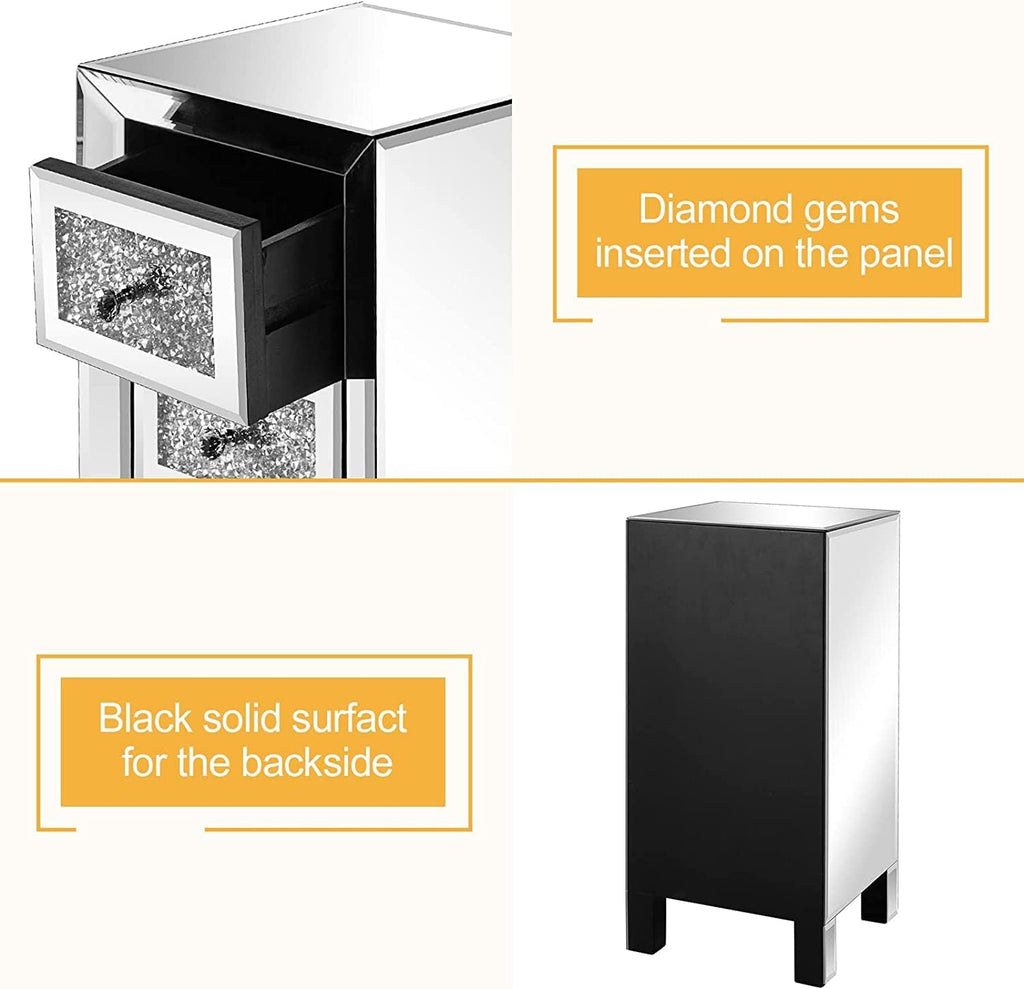 VINGLI 3-Drawer Mirrored Nightstand Bedside Table Modern Night Stands Set of 2 Glass Accent End Table, Fully Assembled, Silver