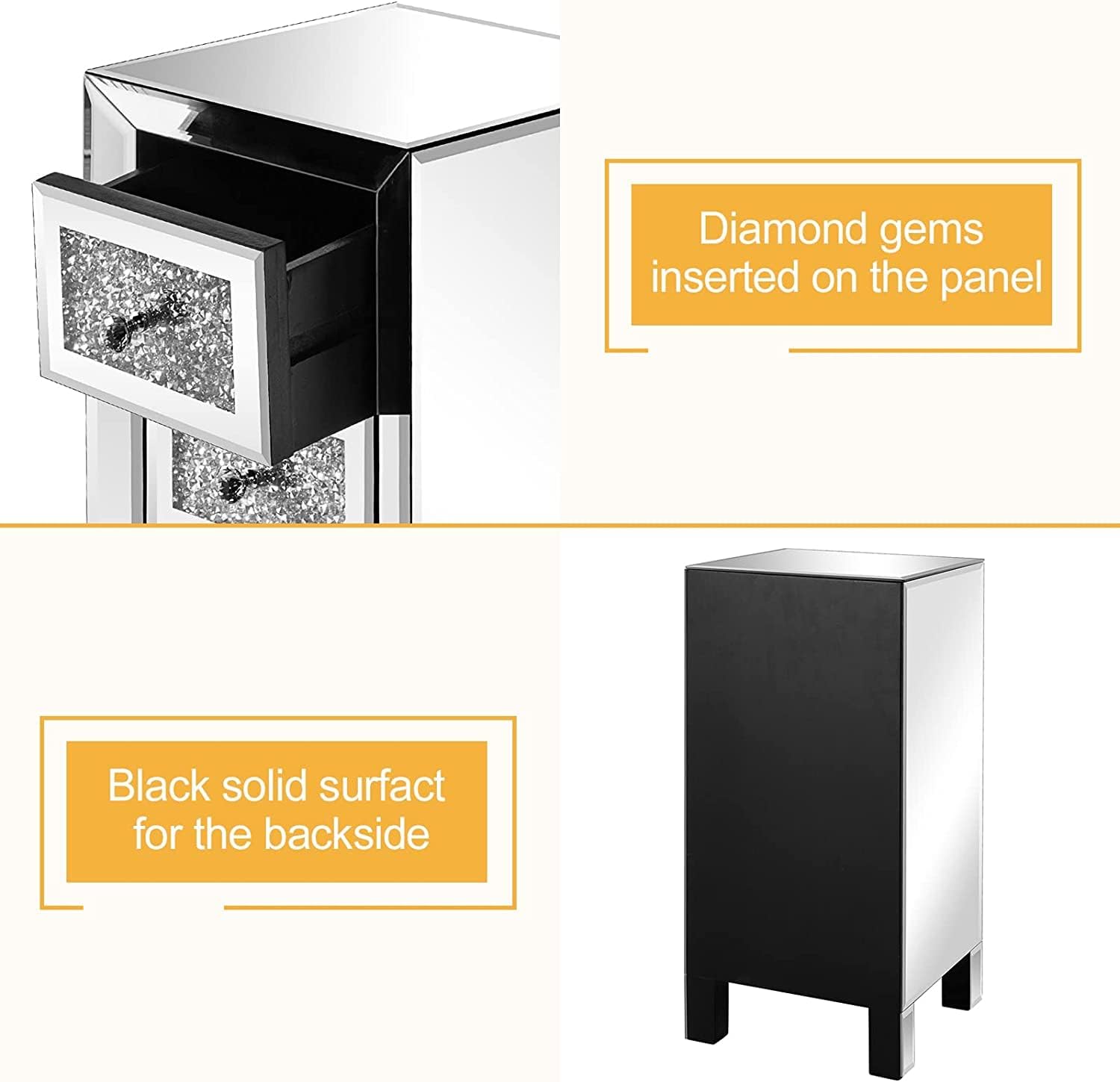 VINGLI 3-Drawer Mirrored Nightstand Bedside Table Modern Night Stands Set of 2 Glass Accent End Table, Fully Assembled, Silver