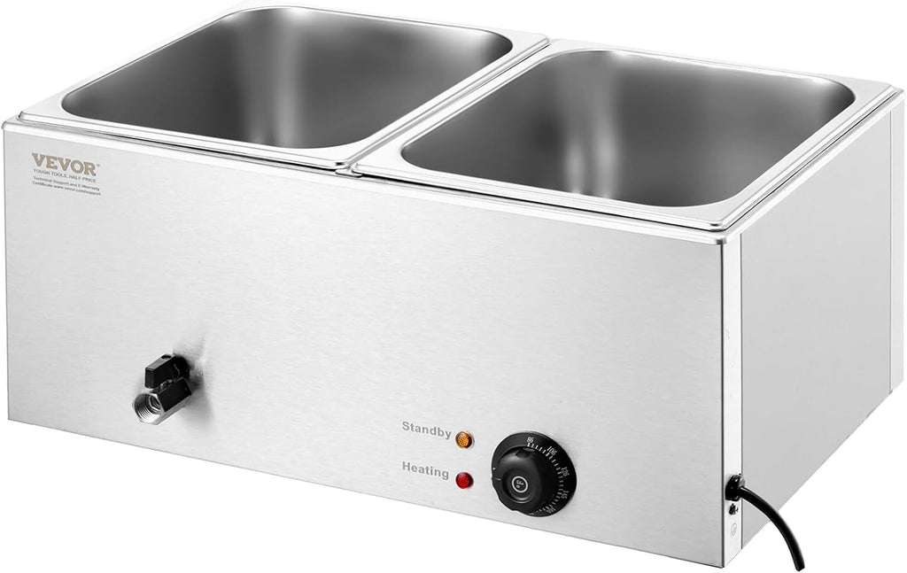 VEVOR 110V 2-Pan Commercial Food Warmer 1200W Electric Steam Table 15cm/6inch Deep Stainless Steel Bain Marie 24 Quart for Buffet Catering, Silver