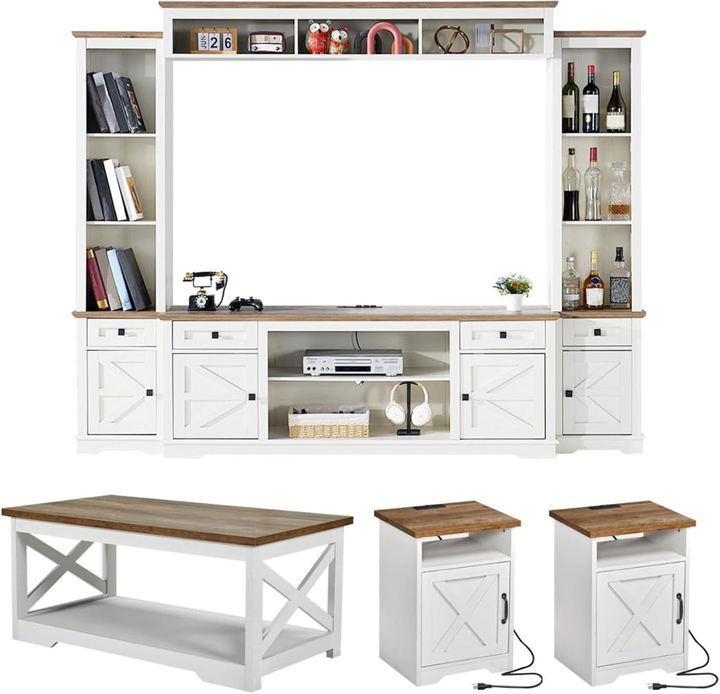 AMERLIFE 4 Pieces Living Room Table Sets, 98' Farmhouse Wall Unit TV Stand with Bookshelves & Wine Cabinet, Coffee Table & 2 End Tables with Charging Station and USB Ports, Living Room, Barnwood+White