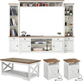 AMERLIFE 4 Pieces Living Room Table Sets, 98' Farmhouse Wall Unit TV Stand with Bookshelves & Wine Cabinet, Coffee Table & 2 End Tables with Charging Station and USB Ports, Living Room, Barnwood+White