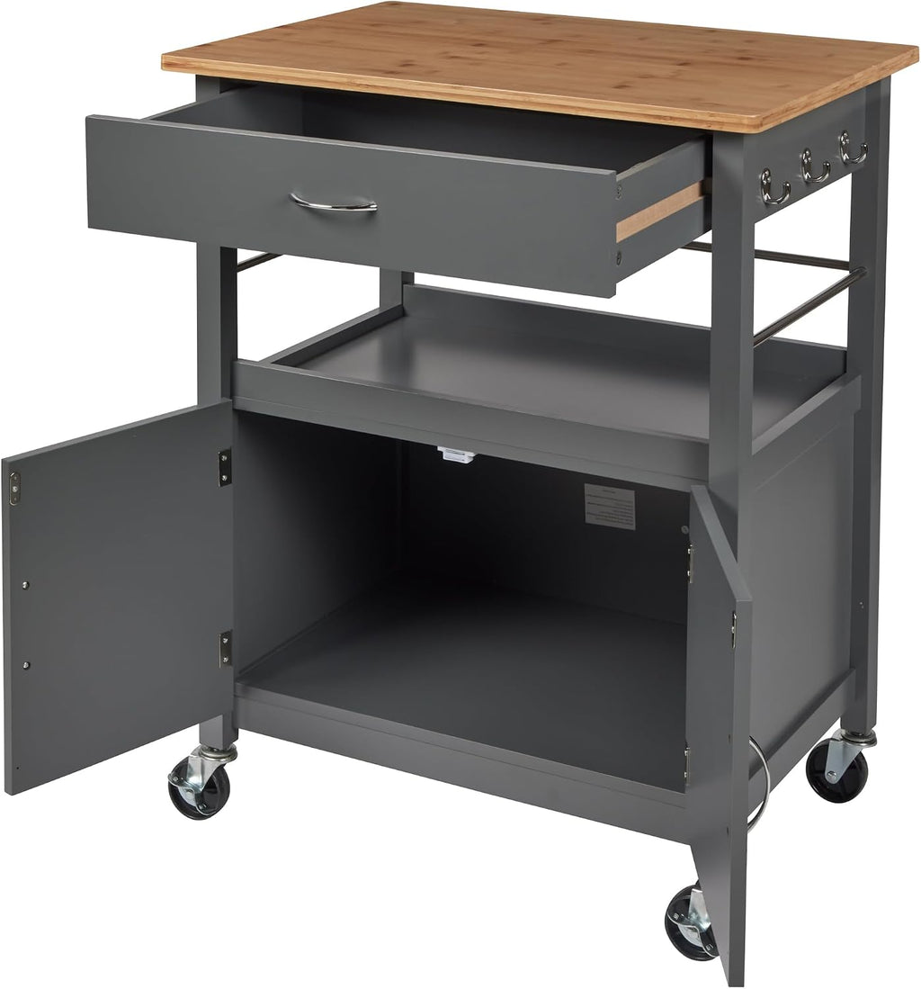 eHemco Kitchen Island Cart on Wheels, Gray Base, Natural Bamboo Top | Drawer, Storage Cabinet, Shelf, Butcher Block