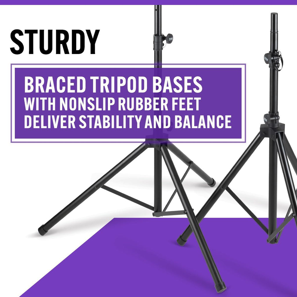 On-Stage SSP7900 All-Aluminum Speaker Stand Pack (Pair of Folding, Portable Stands, Tripod Base, Carry Bag, Height Adjustable, Nonslip Rubber Feet, 1 3/8″ Mounting Poles, 1 1/2″ Adapters, Black)