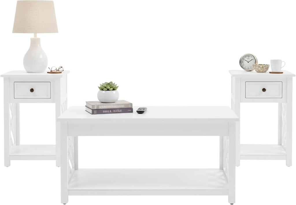 Coventry 36 in. Coffee Table and 2 End Tables with Drawers - Cottage-Style Living Room Furniture Set with Open-Design Decorative Details - Accent Tables with Storage Compartment