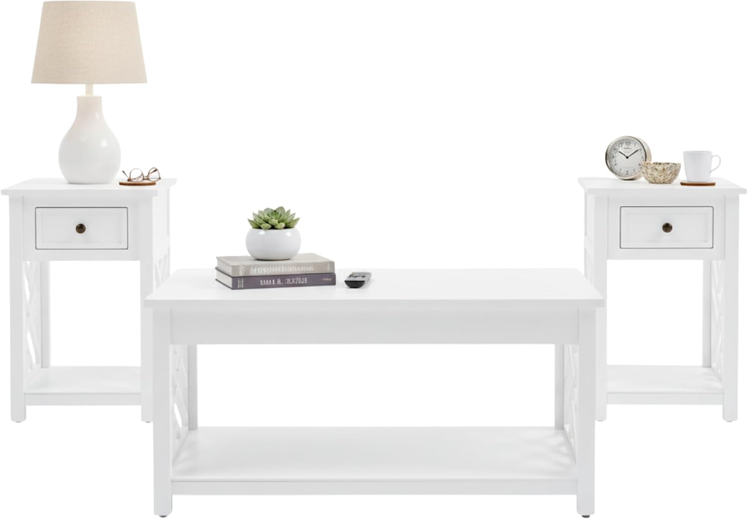 Coventry 36 in. Coffee Table and 2 End Tables with Drawers - Cottage-Style Living Room Furniture Set with Open-Design Decorative Details - Accent Tables with Storage Compartment