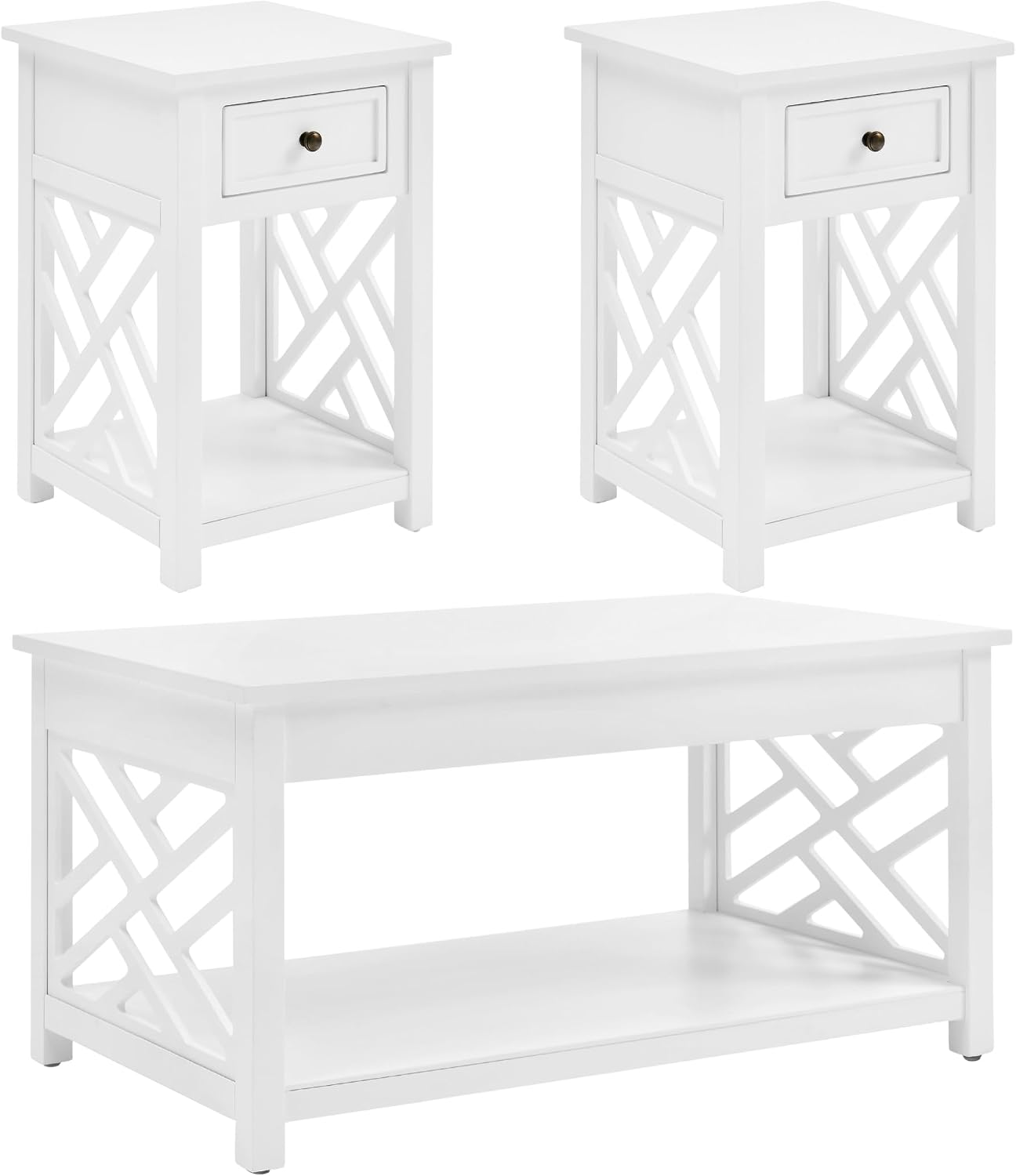 Coventry 36 in. Coffee Table and 2 End Tables with Drawers - Cottage-Style Living Room Furniture Set with Open-Design Decorative Details - Accent Tables with Storage Compartment