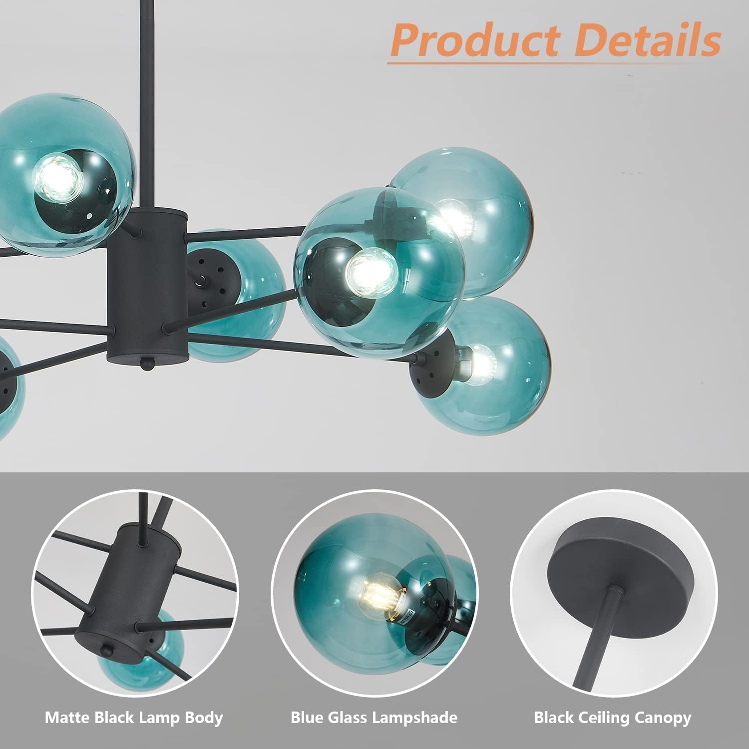 Glass Globe Chandelier Mid Century Modern Pendant Lights Black Ceiling Hanging Light Fixture with Blue Glass Shade Sputnik Chandeliers for Kitchen Island Living Dining Bedroom (Blue)