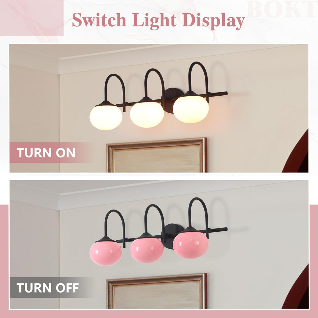BOKT Black 3-Light Vanity Light Vintage Bathroom Lighting Fixture Over Mirror Industrial Bathroom Vanity Light with Pink Glass Lampshade Modern Long Restroom Light