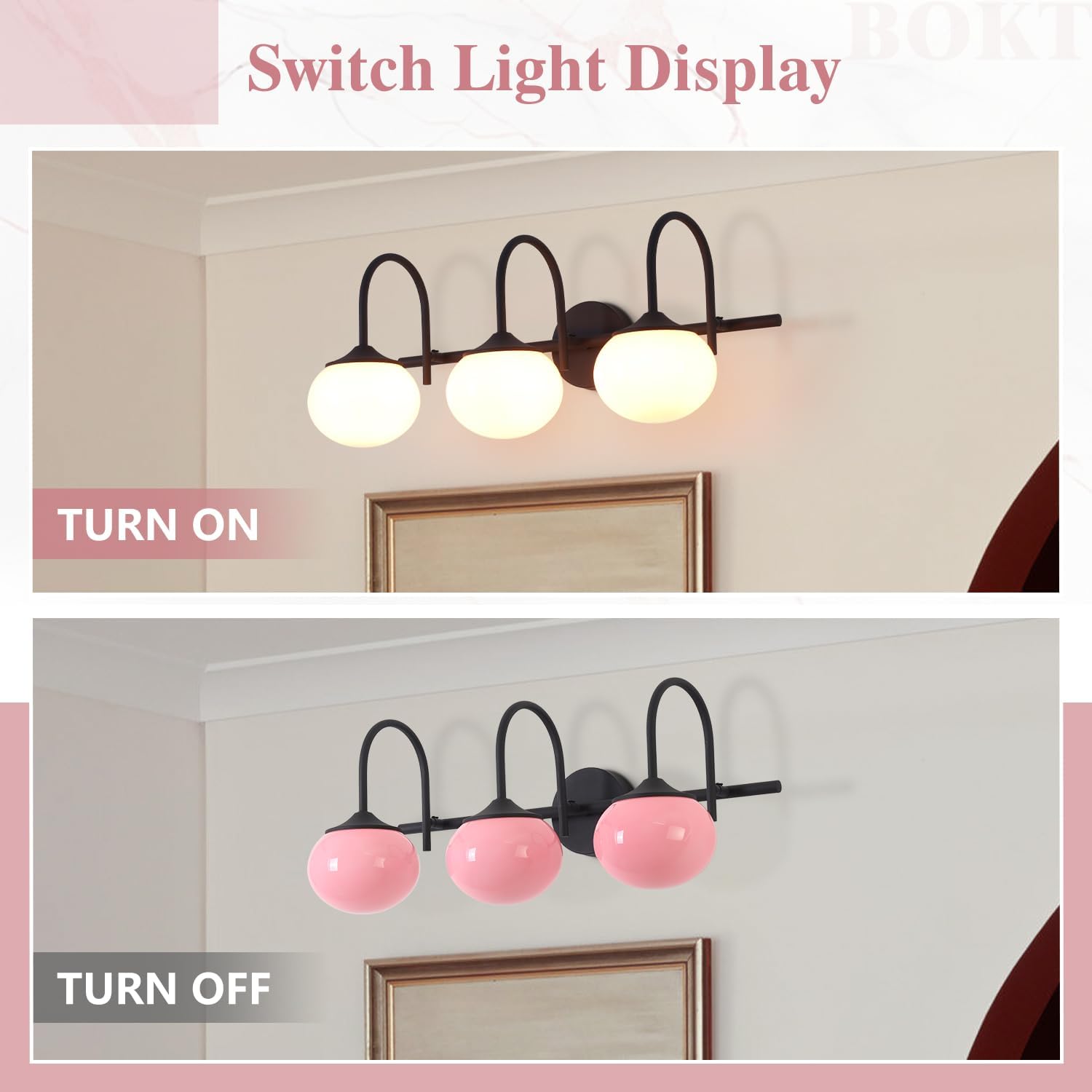 BOKT Black 3-Light Vanity Light Vintage Bathroom Lighting Fixture Over Mirror Industrial Bathroom Vanity Light with Pink Glass Lampshade Modern Long Restroom Light