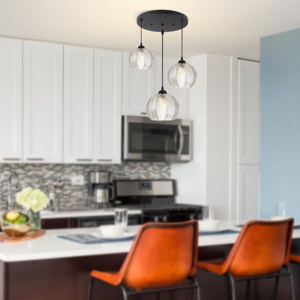 mid Century Pendant Lights Kitchen Island Chandelier Clear Black Pendant Light Pumpkin Design with Ribbed Glass Shade Modern Adjustable Cord Glass Ceiling Pendant Light Dining Room