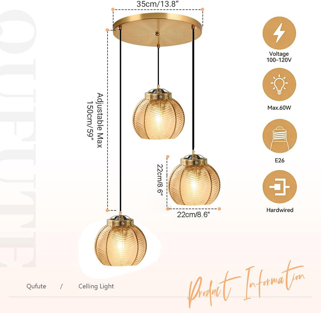 Glass Globe Chandelier 3 Light Cluster Pendant Light Fixture Black Gold Mid Century Modern Ceiling Lights Adjustable Height with Amber Glass Ball Shades Sputnik Chandelier Kitchen