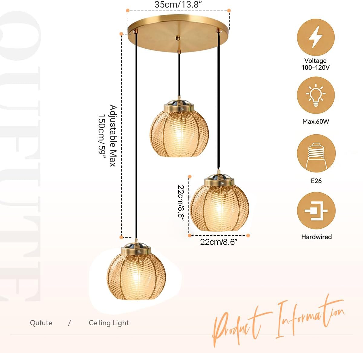 Glass Globe Chandelier 3 Light Cluster Pendant Light Fixture Black Gold Mid Century Modern Ceiling Lights Adjustable Height with Amber Glass Ball Shades Sputnik Chandelier Kitchen