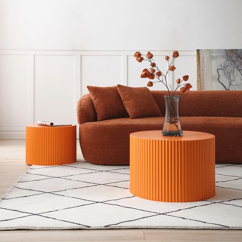 WILLIAMSPACE Nesting Coffee Table Set of 2, Matte Orange Round Wooden Coffee Tables, Modern Luxury Side Tables Accent End Table for Living Room Apartment, 23.62'*23.62'*15.75'H (Orange,Round)