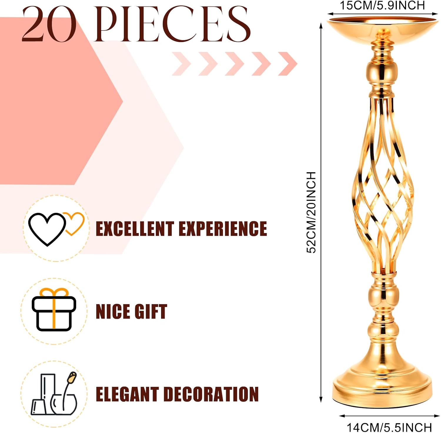Rtteri 20 Pcs Metal Flower Arrangement Stand Wedding Flower Centerpieces Stand Elegant Metal Vase Candelabra Candle Holder for Wedding Reception Table Decor Party Hotel Home Decor (Gold,Medium)