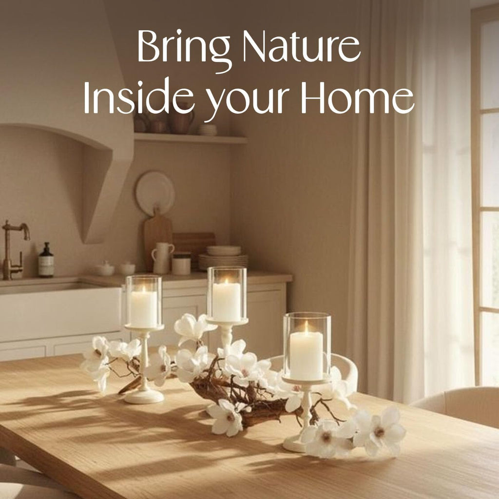 Magnolia Vine Driftwood FarmhouseTable Centerpiece - 3pc Candle Holder Set - Floral Table Decor for Dining Room, Living Room, Mantle & Weddings (Ivory)