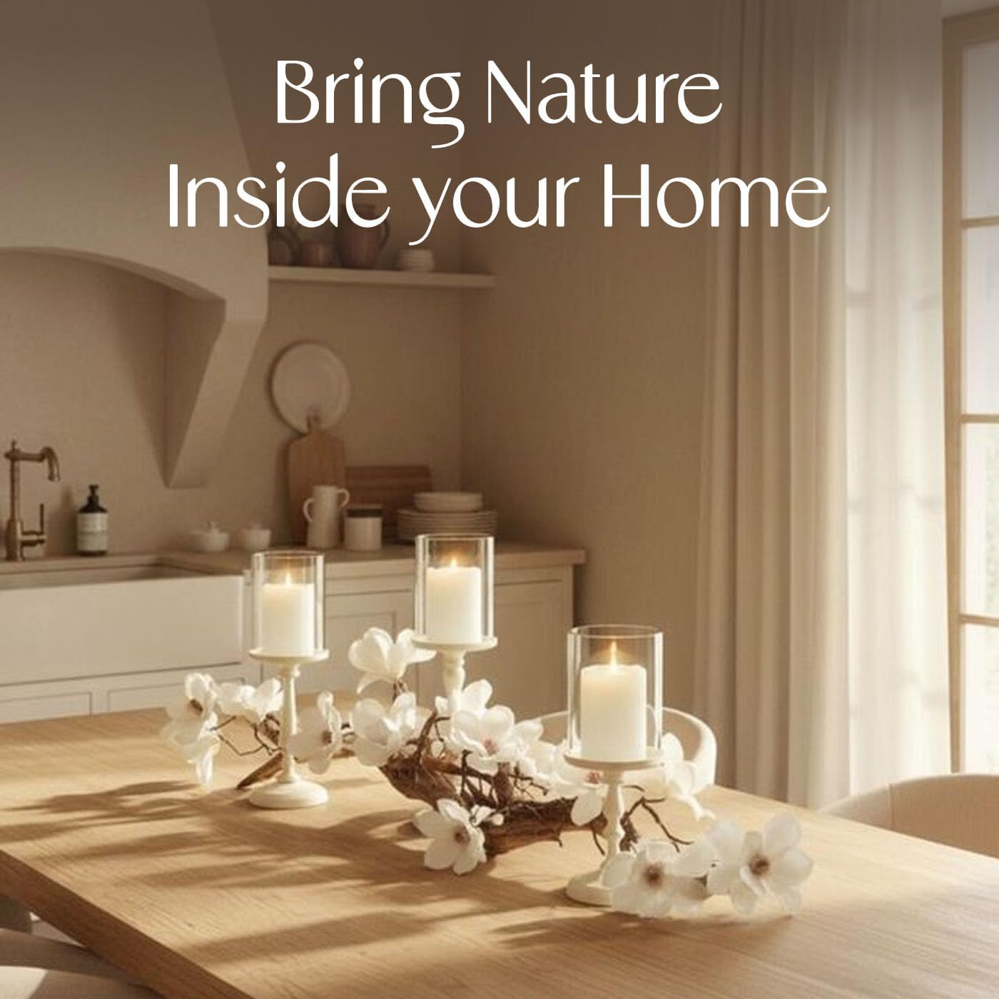 Magnolia Vine Driftwood FarmhouseTable Centerpiece - 3pc Candle Holder Set - Floral Table Decor for Dining Room, Living Room, Mantle & Weddings (Ivory)