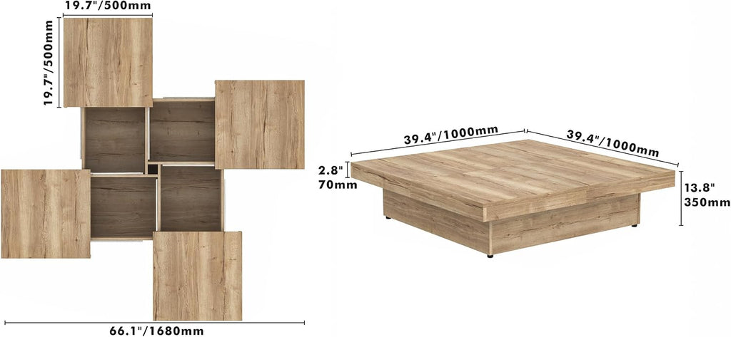 Merax Coffee Table, Modern Extendable Coffee Table with 4 Hidden Storage Compartments, Square Center Cocktail Table with Sliding Tabletop for Living Room, 39.4'x 39.4' (Natural)