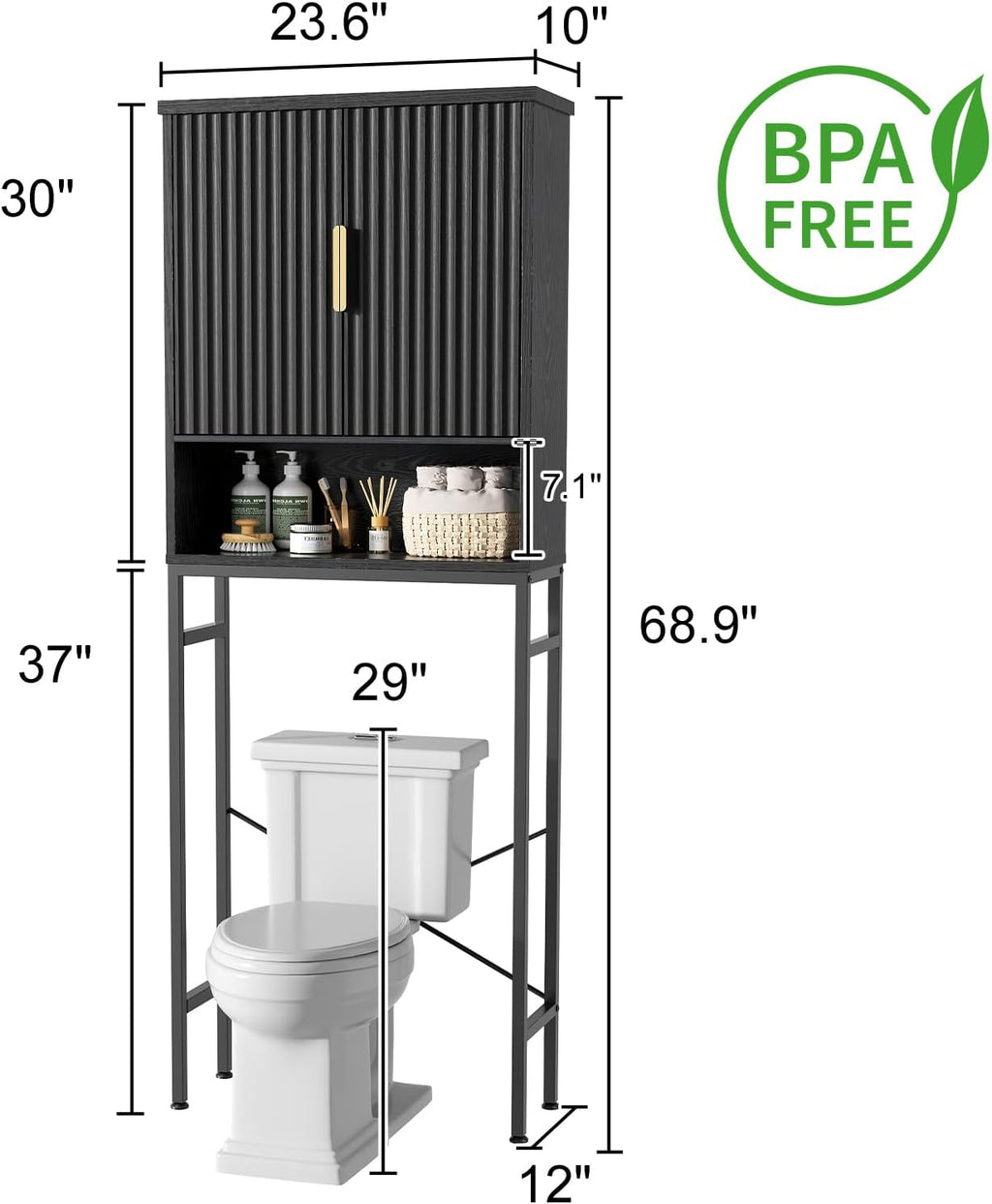 Over The Toilet Storage Cabinet with Fluted Doors and Adjustable Shelf, Tall Bathroom Organizer with Metal Stand Space Saver Over Toilet , Wood Rack for Bathroom, Restroom, Laundry, Natural Black