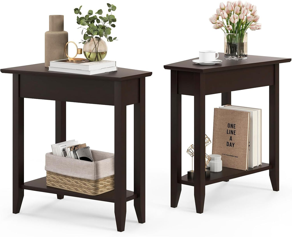 Giantex Wedge End Table Set of 2, Triangle Side Table with Storage Shelf and Solid Wood Legs, Recliner Table, 24.5' Tall Nightstand, Modern Narrow Accent Table for Small Space Living Room, Espresso