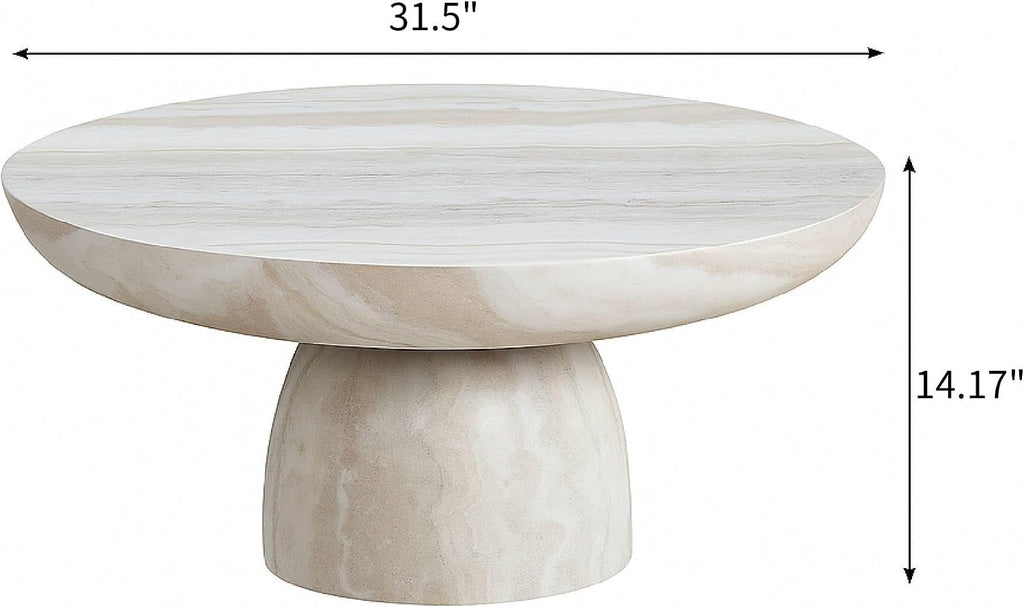 31.5' Round Coffee Table with Round Pedestal, Fiberglass Faux Marble Tabletop for Living Room, Modern Circle Center Table Tea Table for Apartment, Office, Beige Mars Pattern