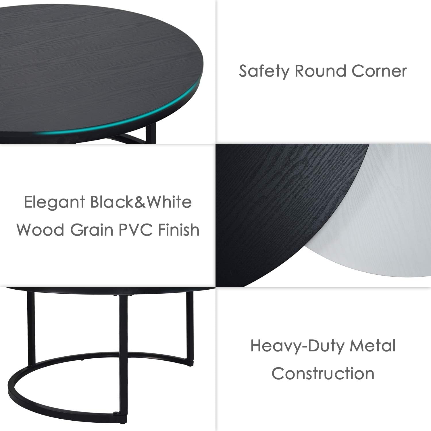 WiberWi Round Coffee Table, Nesting Tables Set of 2, Large : Ø 34.0', Small : Ø 26.0', Modern Design Furniture Side End Table for Living Room, Metal Frame Sofa Table Cocktail Table, Black & White