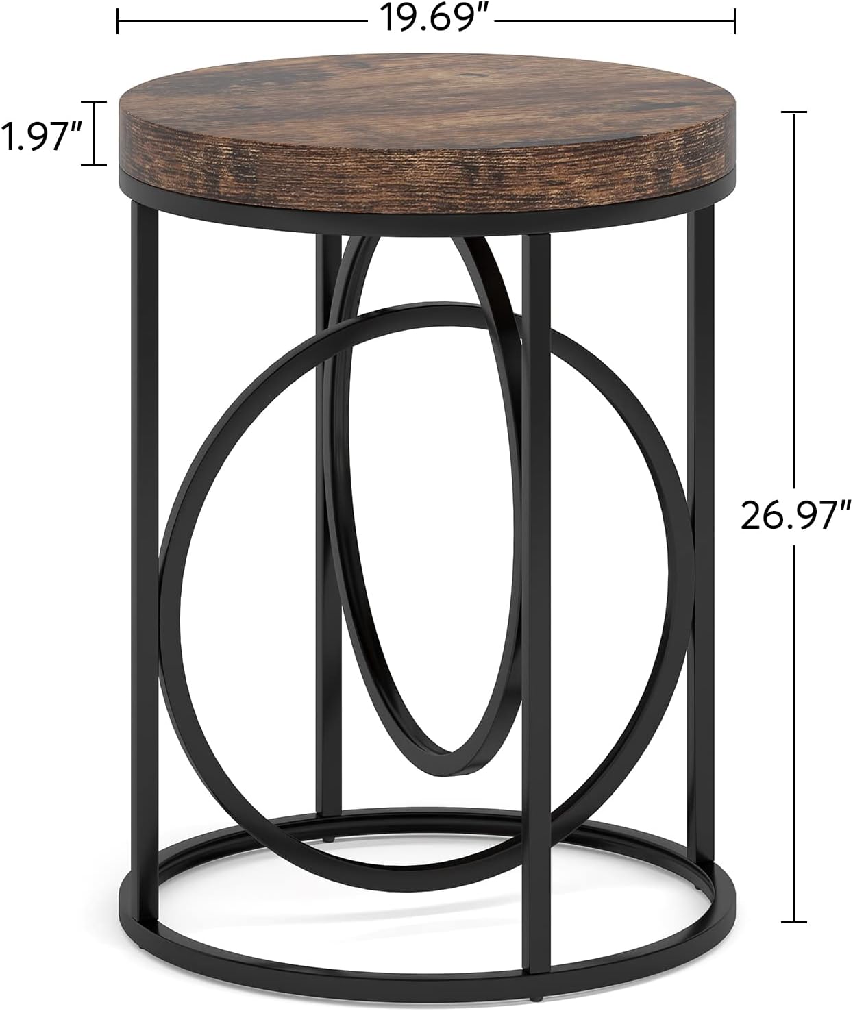 Tribesigns Round End Tables for Living Room Set of 2, 20-Inch Wide, Industrial Side Table with Metal Frame and Wood Top, Modern Circle Accent Table, Tall Narrow Nightstand for Bedroom (Rustic Brown)
