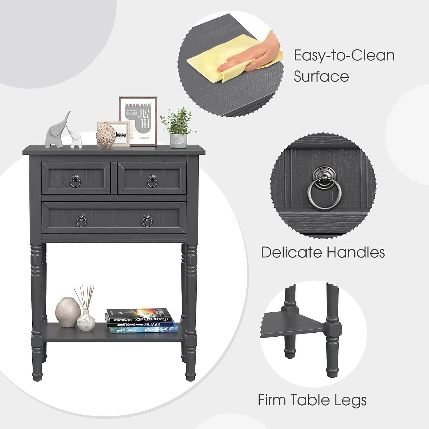 Giantex Console Table with 3 Drawers, 24' Rustic Entryway Table with Storage, Open Bottom Shelf, Compact Hallway Table, Small Sofa Side Table for Living Room, Bedroom, Narrow Entry Table, Gray