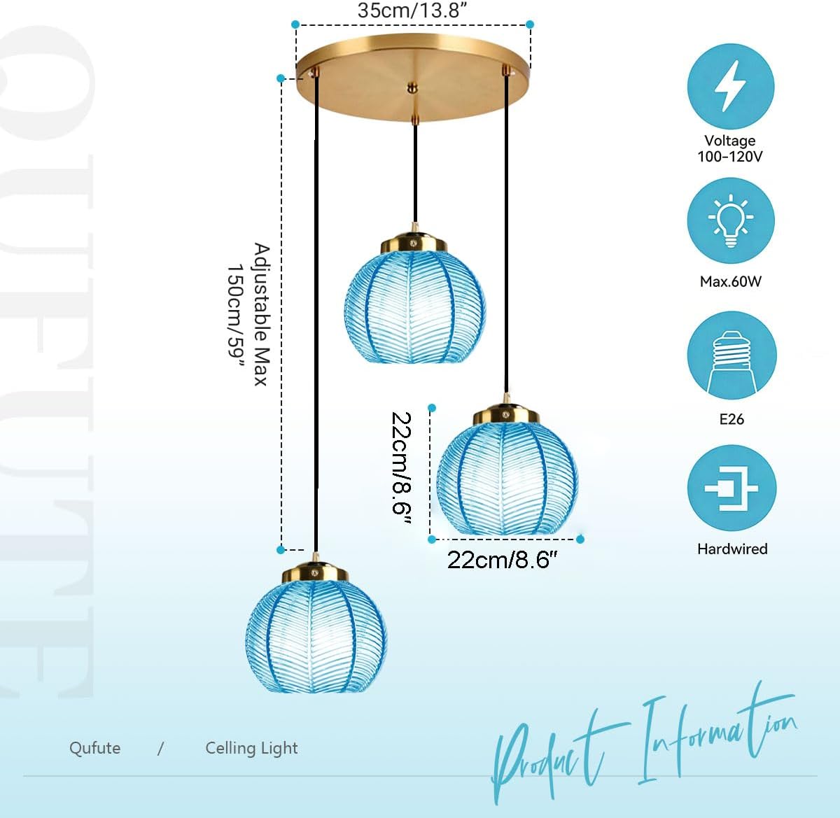Cluster Pendant Light Glass Globe Chandelier 3-Lights Adjustable with 8.7″ Blue Glass Shades, Mid-Century Modern Kitchen Island Chandeliers,Ribbed Ball Gold Ceiling Hanging Lights