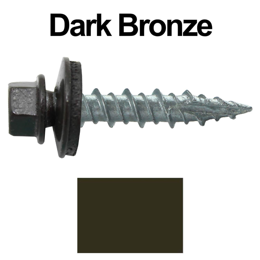10 x 1 Dark Bronze Metal Roofing Screws - Hex Washer Head- Self-Starting/Tapping - EPDM Washer. 4 X 250 Bags - 1,000 Screws