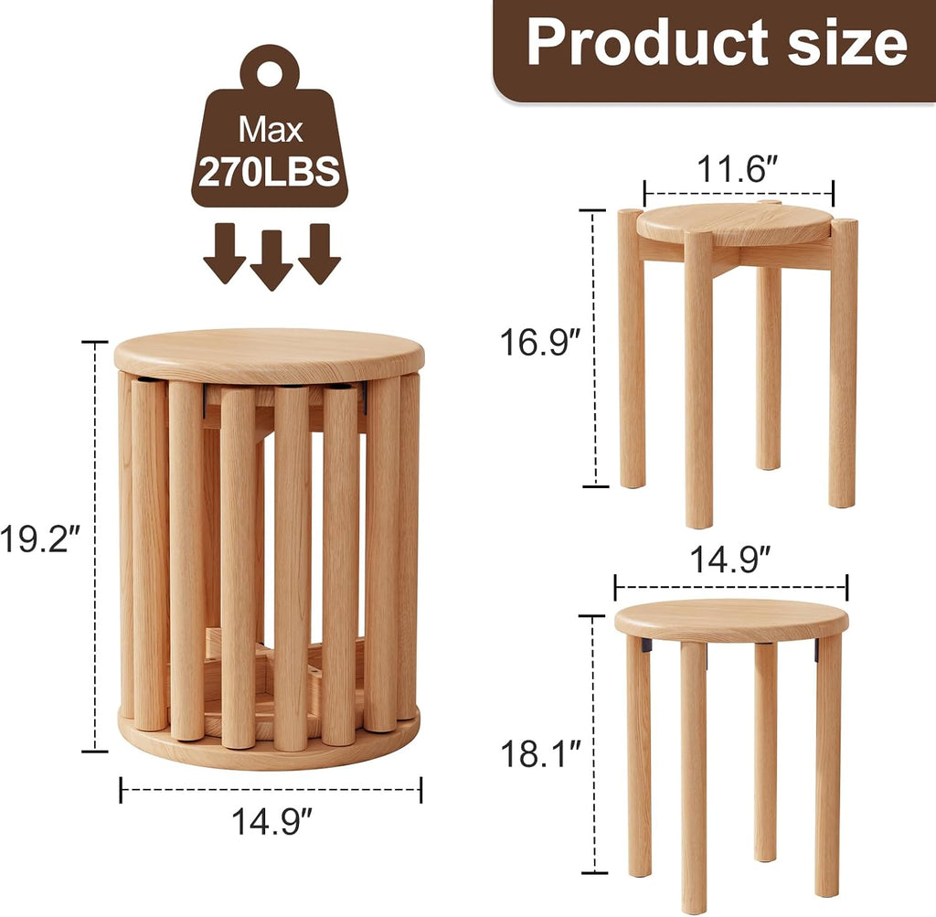 Stackable Stools Set of 4, 100% Solid Wood Stool No Installation Required, Side Table Multifunctional Space Saving 18 Inch Round Stool Modular Interlocking Coffe Table for Living Room