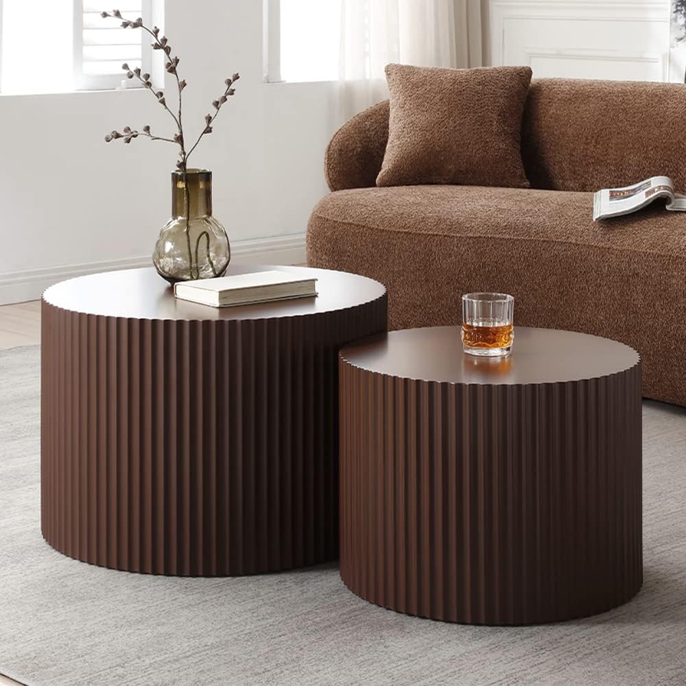 WILLIAMSPACE Nesting Coffee Table Set of 2, Matte Brown Round Wooden Coffee Tables, Modern Luxury Side Tables Accent End Table for Living Room Apartment, 23.62'*23.62'*15.75'H (Brown-Round)